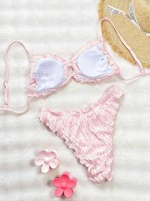 SHEIN Swim Swim -D 淡粉色提花面料可愛荷葉邊飾可調節綁帶休閒性感比基尼套裝 女款 海灘海灘派對度假夏季 - 粉色 - 查看 6