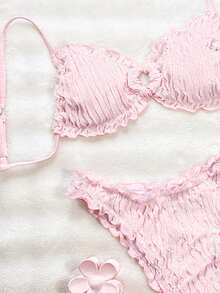 SHEIN Swim Swim -D 淡粉色提花面料可愛荷葉邊飾可調節綁帶休閒性感比基尼套裝 女款 海灘海灘派對度假夏季 - 粉色 - 查看 4