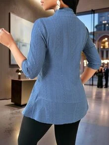 SHEIN Lady Autumn Navy Blue Hollow Retro Smart Casual Elegant Textured Cardigan Women's Coat In Office - Blue - View 2