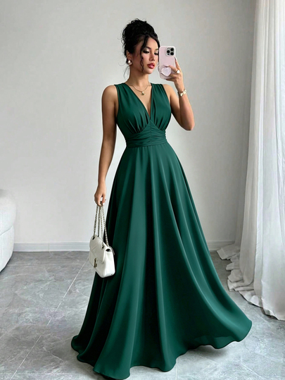 Elenzga Gaun Panjang Elegan Wanita Warna Polos dengan Leher V Dalam dan Pinggang Berkerut, Cocok untuk Kencan, Makan Malam, Pesta, Pernikahan, Warna Hijau Tua, Musim Panas