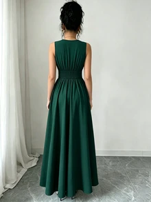 Elenzga Women's Solid Color Deep V-Neck Ruched Waist Elegant Long Dress, Suitable For Dates Dinner And Parties Wedding Dark Green Summer - Dark Green - View 5