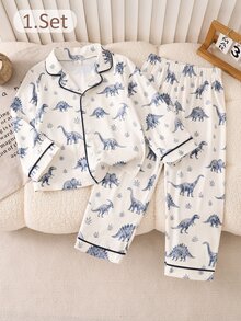 Young Boys Pajamas 2pcs/Set Plaid Bear Print Long Sleeve Long Pants Knit Loungewear Set - Blue - View 1