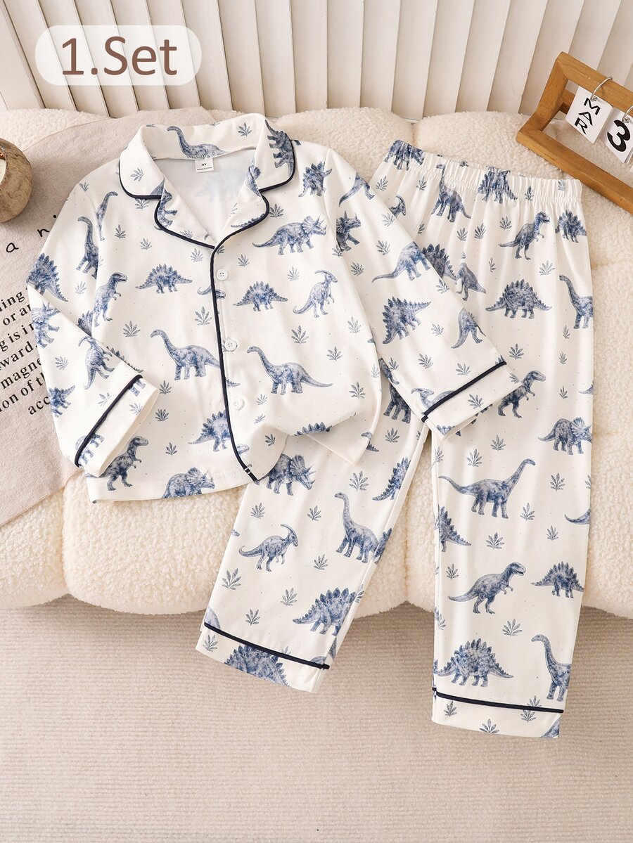 Young Boys Pajamas 2pcs/Set Plaid Bear Print Long Sleeve Long Pants Knit Loungewear Set - Blue - View 1