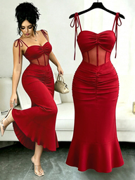 Selianne New Women's Solid Color Spaghetti Strap Mid-Length Dress With Semi-Sheer Mesh Waist, Ruched Hip, Fishtail Hem And Ruffle Detail, Slim Fit, Height-Enhancing, Versatile And Elegant