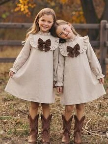 SHEIN Tween Girl Tween Girl Dress 8-12Y Solid Color A-Line Skirt Contrast Bow Design Ruffle Collar - Brown - View 1