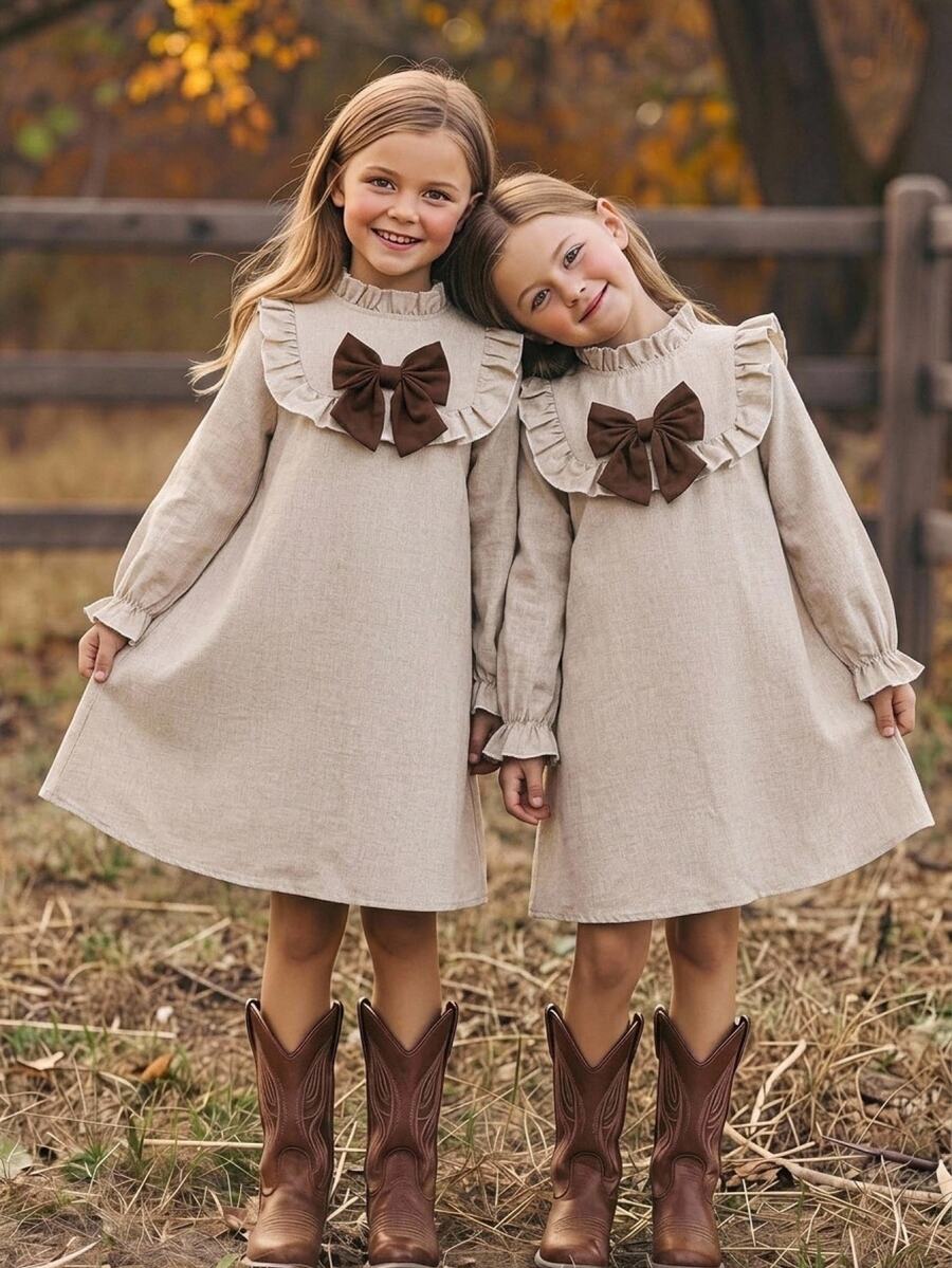 SHEIN Tween Girl Tween Girl Dress 8-12Y Solid Color A-Line Skirt Contrast Bow Design Ruffle Collar - Brown - View 1
