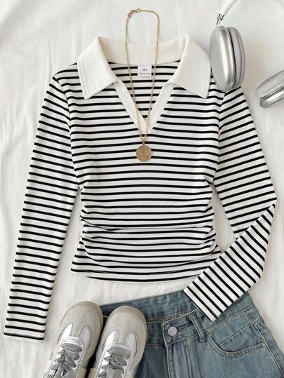 SHEIN Big Tween Girl Striped V-Neck Casual Top, 8-12Y, Outdoor Wear