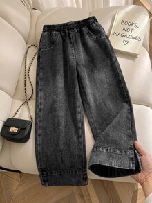 SHEIN 女童淺藍色水洗舒適牛仔褲，休閒牛仔風日常寬腿褲，寬褲腳開衩設計，柔軟牛仔布料 - 深灰色 - 查看 8