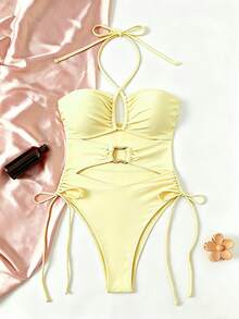 SHEIN Swim 深棕色亮面布料抽繩掛脖結飾鏤空環扣性感沙灘比基尼連身泳衣女款 - 淡黃色 - 查看 5
