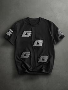 Manfinity RebelGame 男士字母毛巾刺繡圓領短袖休閒T恤 - 黑色 - 查看 2