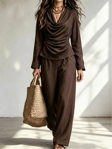 SHEIN Women's Solid Color Cowl Neck Drapped Neck Ruched Waist Long Sleeve Top+Wide Leg Pants 2 Pieces Set Brown Autumn Fall Winter Clothes Elegant Casual - Coffee Brown - View 5