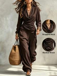 SHEIN Women's Solid Color Cowl Neck Drapped Neck Ruched Waist Long Sleeve Top+Wide Leg Pants 2 Pieces Set Brown Autumn Fall Winter Clothes Elegant Casual - Coffee Brown - View 1