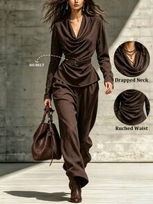 SHEIN Women's Solid Color Cowl Neck Drapped Neck Ruched Waist Long Sleeve Top+Wide Leg Pants 2 Pieces Set Brown Autumn Fall Winter Clothes Elegant Casual - Coffee Brown - View 3