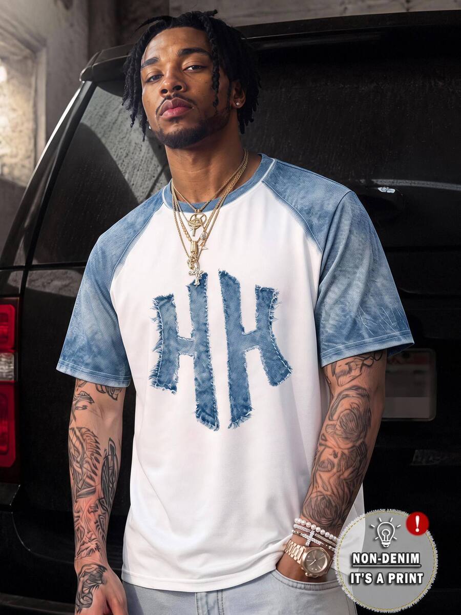 Manfinity RebelGame 休閒男士仿牛仔印花圓領短袖T恤 - 彩色 - 查看 1