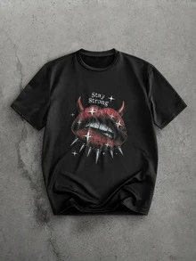 Manfinity RebelGame Men's Crew Neck Letter & Lips Graphic Casual Everyday Short Sleeve T-Shirt - Black - View 6