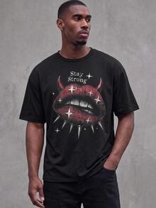 Manfinity RebelGame Men's Crew Neck Letter & Lips Graphic Casual Everyday Short Sleeve T-Shirt - Black - View 8
