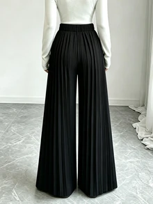 Elenzga Pantalones casuales de mujer de unicolor con pliegues minimalistas - Negro - Ver 2