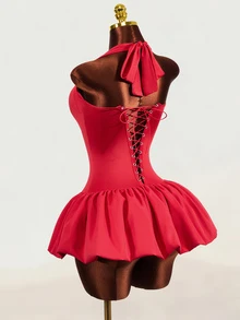 Mistrie Sexy Halter Corset Lace‑Up Back Bud Bubble Hem Mini Night Out Dress - Red - View 2