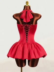 Mistrie Sexy Halter Corset Lace‑Up Back Bud Bubble Hem Mini Night Out Dress - Red - View 7
