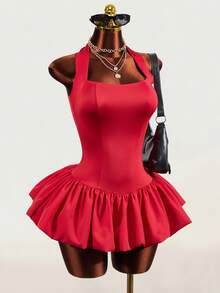 Mistrie Sexy Halter Corset Lace‑Up Back Bud Bubble Hem Mini Night Out Dress - Red - View 5