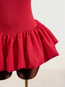 Mistrie Sexy Halter Corset Lace‑Up Back Bud Bubble Hem Mini Night Out Dress - Red - View 8