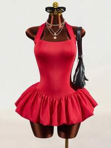 Mistrie Sexy Halter Corset Lace‑Up Back Bud Bubble Hem Mini Night Out Dress - Red - View 4