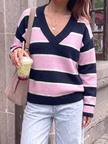 SHEIN Loose Fit Versatile V-Neck Colorblock Navy And White Striped Pullover Sweater Everyday School Fall Casual Preppy Brunch - Multicolor - View 5
