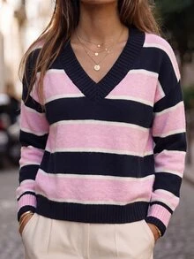 SHEIN Loose Fit Versatile V-Neck Colorblock Navy And White Striped Pullover Sweater Everyday School Fall Casual Preppy Brunch - Multicolor - View 7