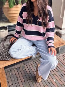 SHEIN Loose Fit Versatile V-Neck Colorblock Navy And White Striped Pullover Sweater Everyday School Fall Casual Preppy Brunch - Multicolor - View 3