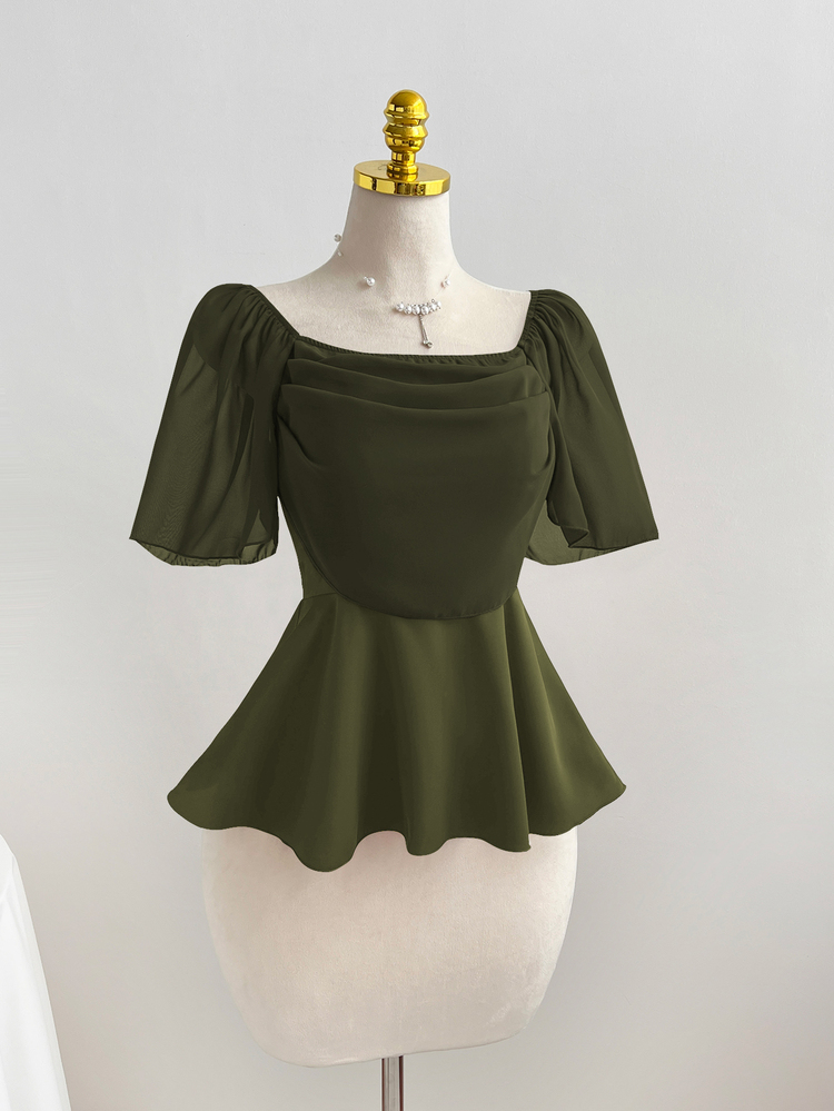 Elamini Elegant Square Neck Pleated Waist Flared Hem Women's Blouse - Army Green - View 7