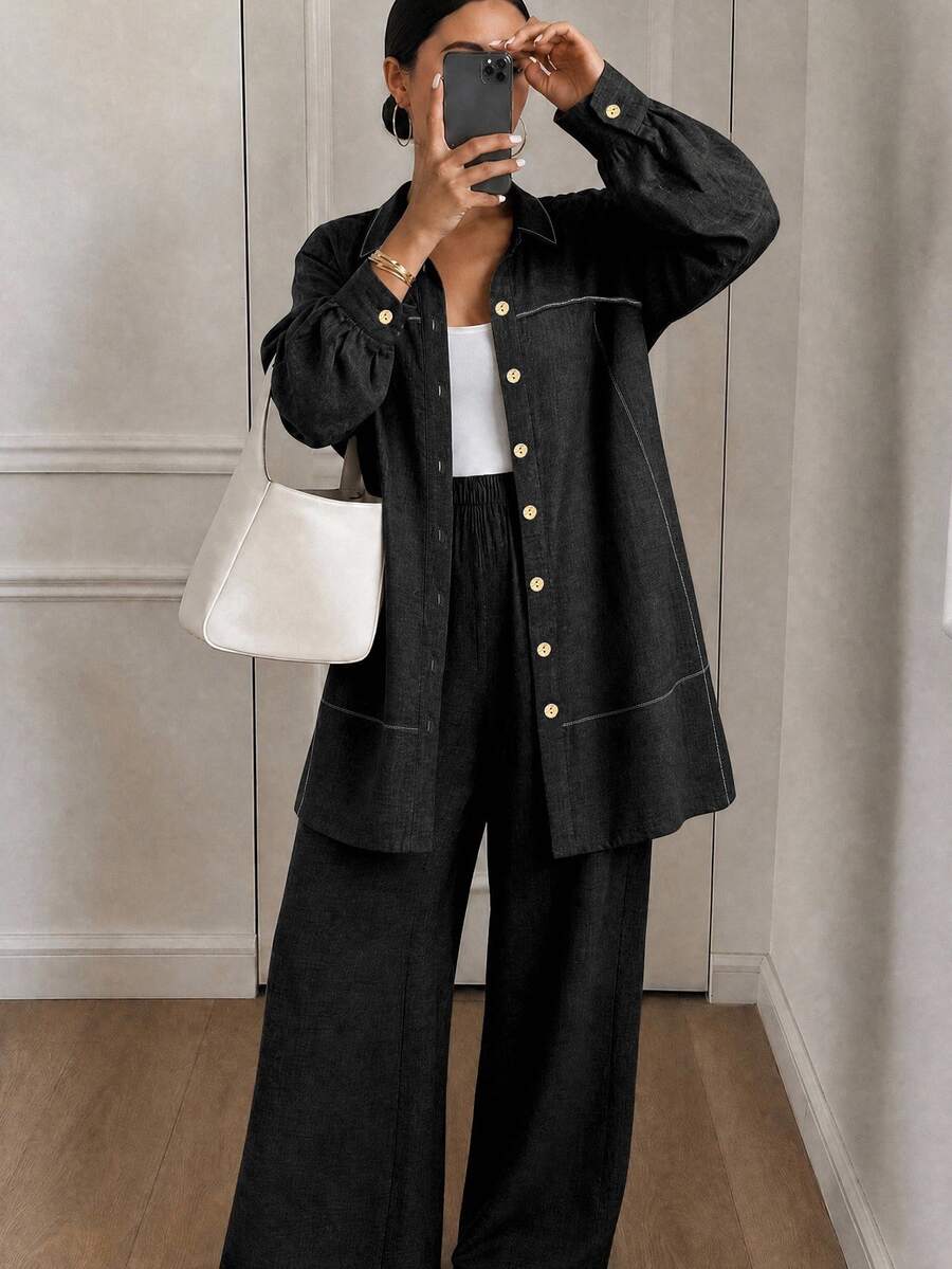 Lacomfia Plus Size Women Solid Color Single-Breasted Long Sleeve Jacket And Pants Set - Black - View 1
