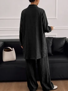 Lacomfia Plus Size Women Solid Color Single-Breasted Long Sleeve Jacket And Pants Set - Black - View 2