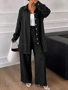Lacomfia Plus Size Women Solid Color Single-Breasted Long Sleeve Jacket And Pants Set - Black - View 3