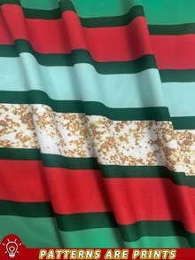 Lalippa 女款大尺碼經典紅綠條紋滿版印花T恤，寬肩不對稱領口設計，適合新年、聖誕節、假日派對、休閒穿著、日常穿著，女裝上衣 - 彩色 - 查看 6
