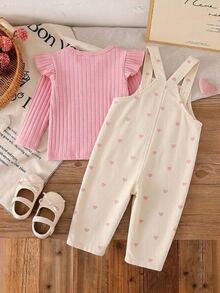SHEIN Vintaside Kids 女嬰燈芯絨吊帶褲套裝，加厚保暖愛心刺繡吊帶褲 + 保暖磨毛針織內搭，2件套，新款可愛女嬰服飾 - 杏色 - 查看 2