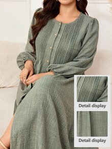 Lacomfia Plus Size Autumn Casual Solid Color Front Button Dress - Green - View 9