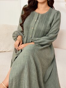 Lacomfia Plus Size Autumn Casual Solid Color Front Button Dress - Green - View 8