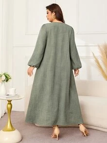 Lacomfia Plus Size Autumn Casual Solid Color Front Button Dress - Green - View 3