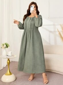 Lacomfia Plus Size Autumn Casual Solid Color Front Button Dress - Green - View 7
