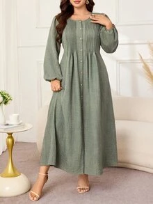 Lacomfia Plus Size Autumn Casual Solid Color Front Button Dress - Green - View 5