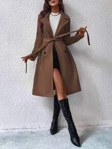 SHEIN Lapel Neck Double Breasted Belted Coat Fall Winter Cloth For Women - Coffee Brown - View 6