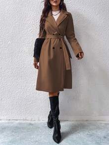 SHEIN Lapel Neck Double Breasted Belted Coat Fall Winter Cloth For Women - Coffee Brown - View 8