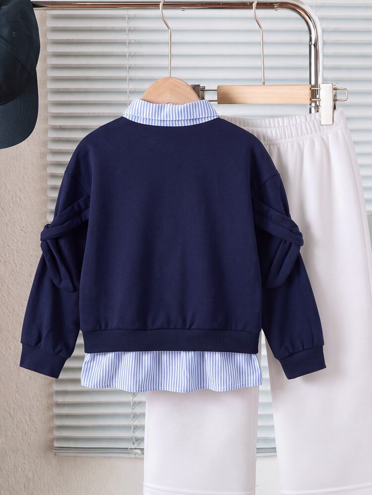 SHEIN Young Girl Fall Style Blue Shirt Collar Long Bow Long Sleeve Cotton Blend Sweatshirt, Soft Cotton For School Daily Wear In Autumn Winter - Navy Blue - View 2