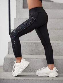 SHEIN 年輕女孩的運動戶外星空噴點瑜伽褲,帶口袋,高彈性,自由伸展,時尚多用途,經典跑步,騎行,登山,室內運動和全面訓練 - 黑色 - 查看 3