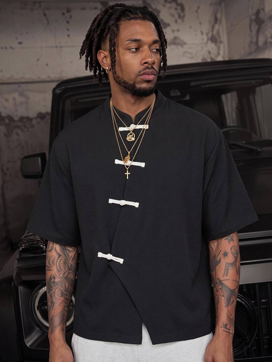 Manfinity RebelGame Men's Solid Color Casual Versatile Daily Wear Shirt - Black - View 1