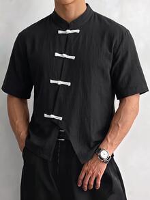 Manfinity RebelGame Men's Solid Color Casual Versatile Daily Wear Shirt - Black - View 7