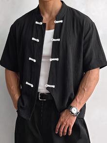 Manfinity RebelGame Men's Solid Color Casual Versatile Daily Wear Shirt - Black - View 6