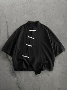 Manfinity RebelGame Men's Solid Color Casual Versatile Daily Wear Shirt - Black - View 2