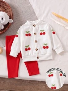 Infant Cherry Embroidery Knitted 2 Pieces Set, Round Neck Button-Up Cherry Cardigan With Red Elastic Long Pants, Textured Skin-Friendly Fabric, Newborn Baby New Year Celebration Daily Outing Versatile Children's Clothing - Multicolor - View 4