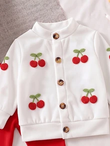 Infant Cherry Embroidery Knitted 2 Pieces Set, Round Neck Button-Up Cherry Cardigan With Red Elastic Long Pants, Textured Skin-Friendly Fabric, Newborn Baby New Year Celebration Daily Outing Versatile Children's Clothing - Multicolor - View 3